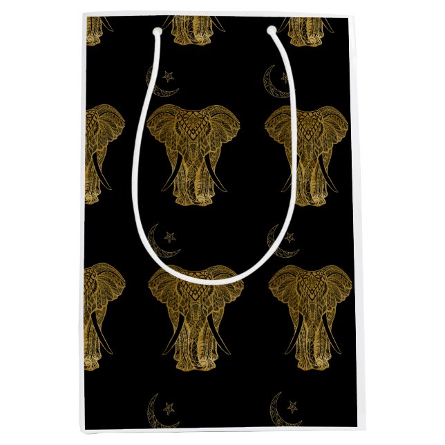 Gold elephant on black background gift bag (Front)