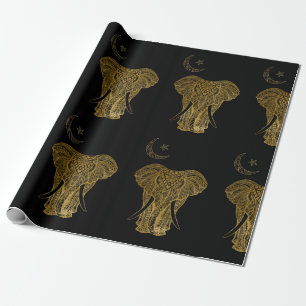 Gold elephant on black background wrapping paper