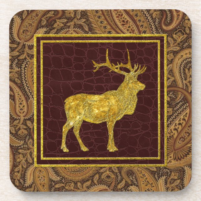 Gold Elk Paisley and Leather Patterns Coaster (Front)