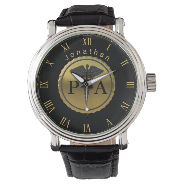 Gold Emblem Caduceus Physician Assistant PA Name Watch (Front)