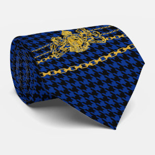 Gold Emblem Chain Trim Black Blue Houndstooth Tie
