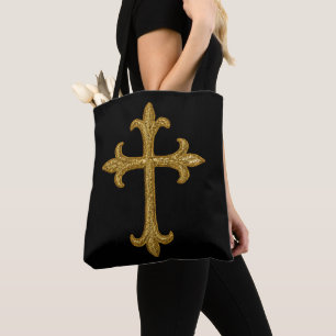 Gold Embroidered Look Cross Front and Back French Tote Bag