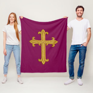 Gold Embroidered Look Cross on Any Colour Fleece Blanket