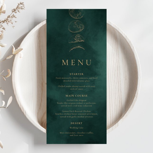 Gold & Emerald Green Celestial Wedding Dinner Menu (Creator Uploaded)