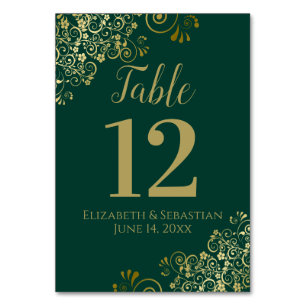 Gold & Emerald Green Elegant Frilly Wedding Table Number