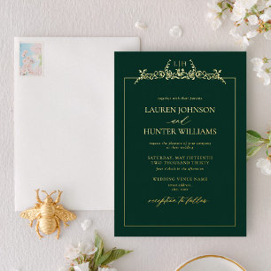 Gold Emerald Green Floral Border Monogram Wedding