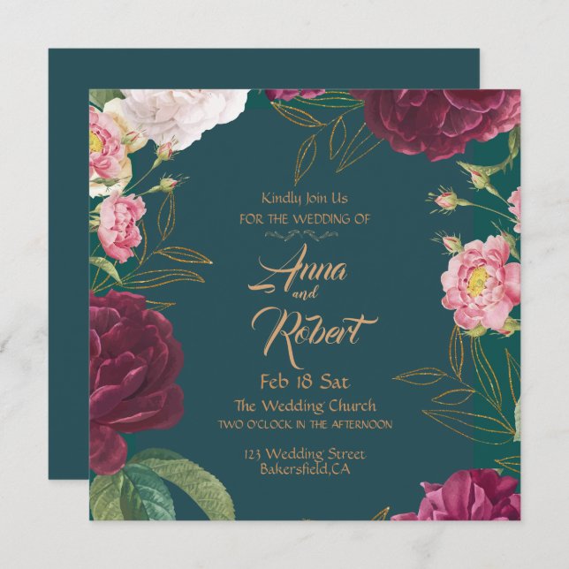 Gold & Emerald Green Floral  Save The Date (Front/Back)