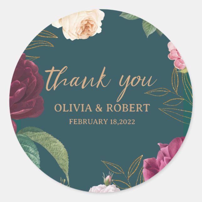 Gold & Emerald Green Floral Wedding  Classic Round Sticker (Front)