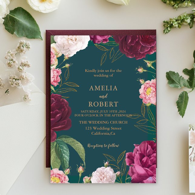 Gold & Emerald Green Floral Wedding Invitation (Creator Uploaded)