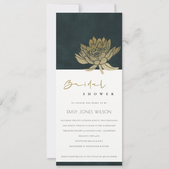 GOLD EMERALD GREEN LOTUS FLORAL BRIDAL SHOWER INVITATION (Front)