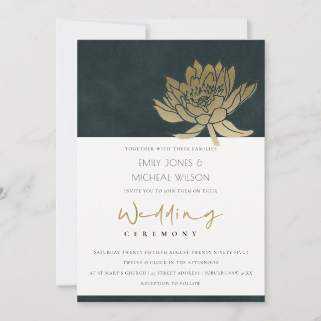 GOLD EMERALD GREEN LOTUS FLORAL WEDDING INVITE (Front)