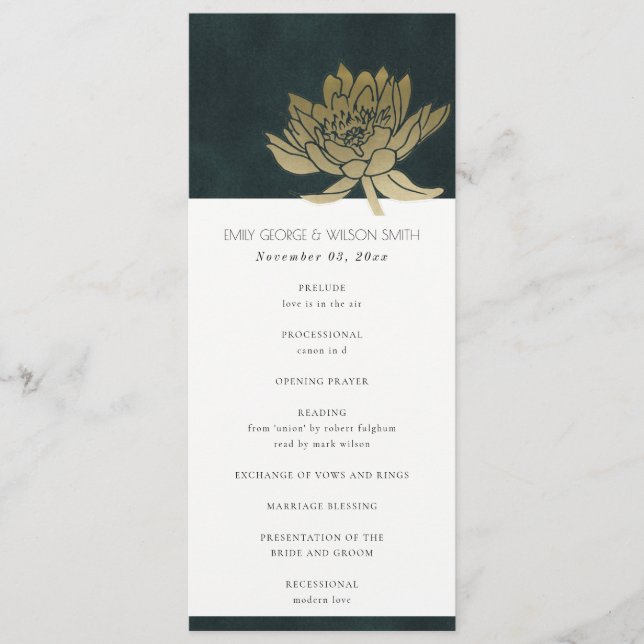 GOLD EMERALD GREEN LOTUS WEDDING CEREMONY PROGRAM MENU (Front)