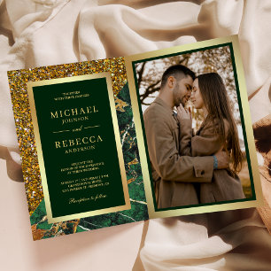 Gold Emerald Green Marble Photo QR Code Wedding Invitation