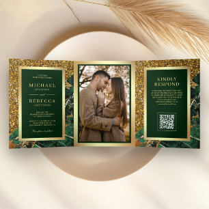 Gold Emerald Green Marble Photo QR Code Wedding Tri-Fold Invitation