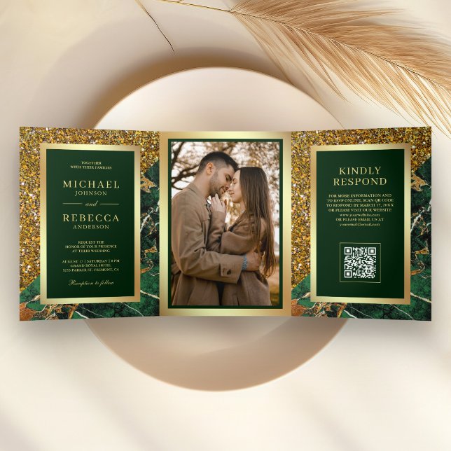 Gold Emerald Green Marble Photo QR Code Wedding Tri-Fold Invitation (Creator Uploaded)