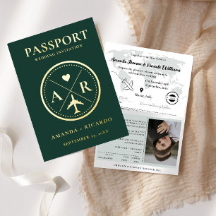 Gold & Emerald Green Passport Wedding Invitation