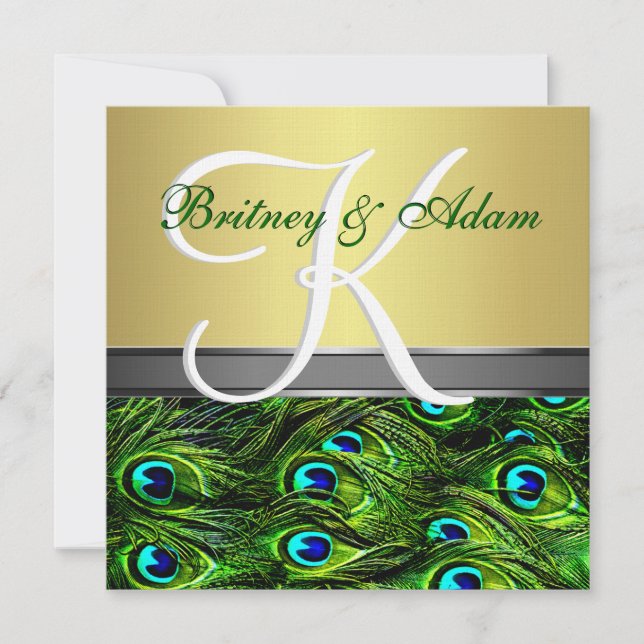 Gold & Emerald Green Peacock Wedding Invitations (Front)