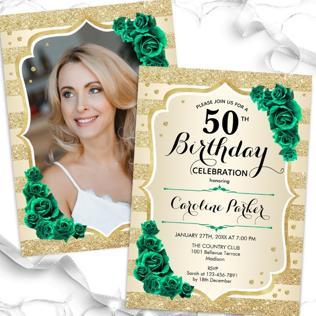 Gold Emerald Green Photo 50th Birthday Invitation (Creator Uploaded)