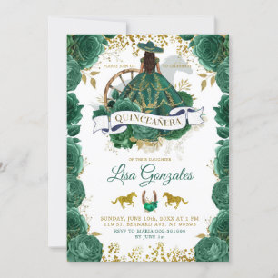 Gold Emerald Green Roses Western Quinceañera Invitation