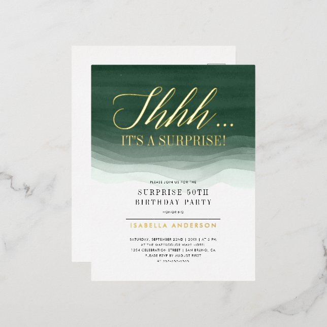 Gold & Emerald Green Watercolor Surprise Birthday Foil Invitation Postcard (Front/Back)