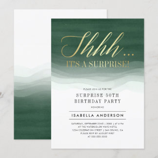 Gold & Emerald Green Watercolor Surprise Birthday Invitation