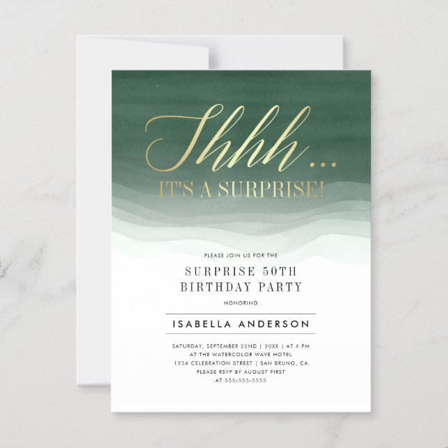 Gold & Emerald Green Watercolor Surprise Birthday Magnetic Invitation (Front)