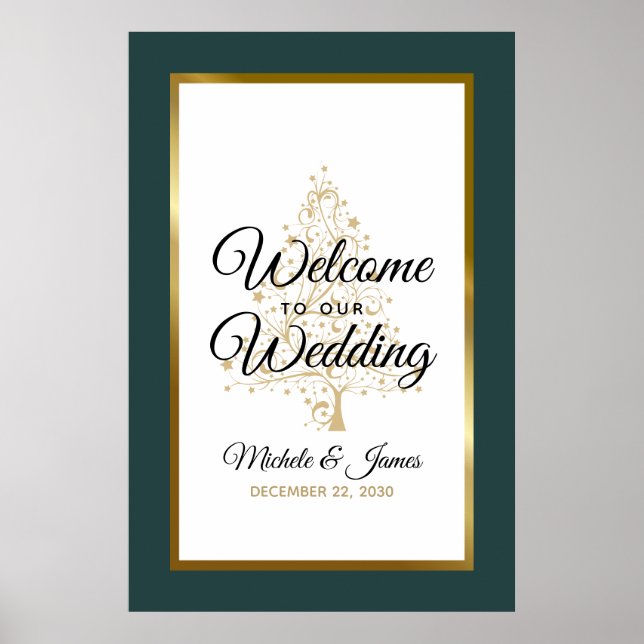 Gold Emerald Green Winter Holiday Wedding Welcome Poster (Front)