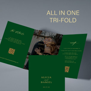 Gold emerald photo wedding RSVP details QR code Tri-Fold Invitation