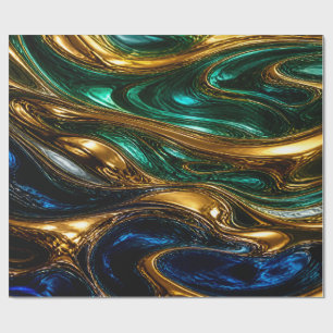 Gold Emerald Sapphire Fluid Art Wrapping Paper