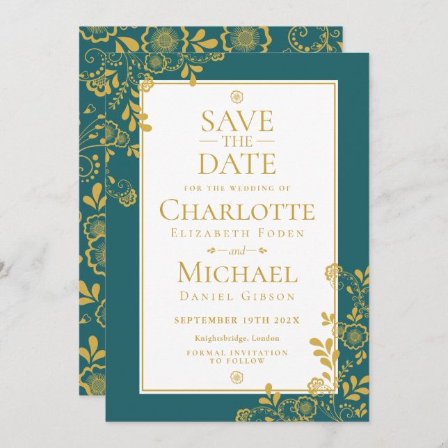 Gold Emerald Victorian Floral Lace Save the Date Invitation (Front/Back)