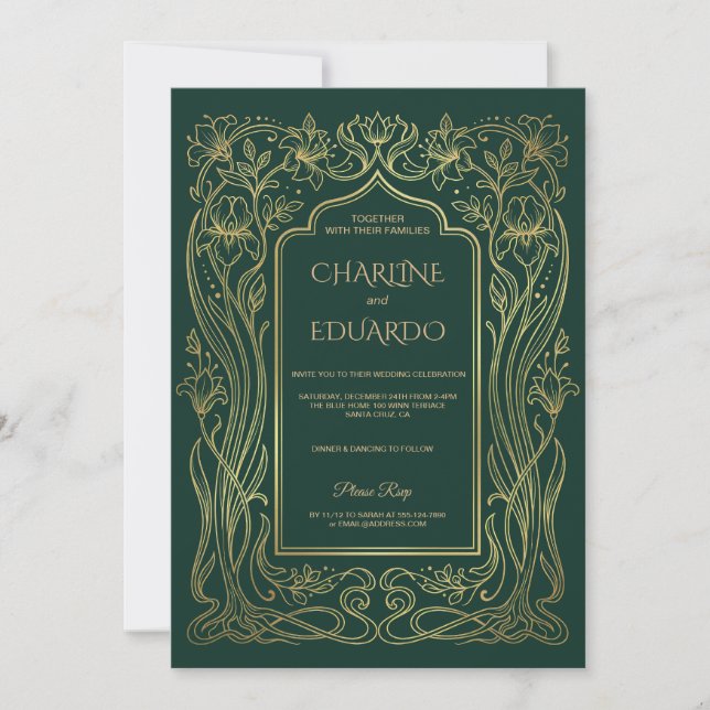 Gold Emerald Wedding Invitation Art Nouveau Frame (Front)