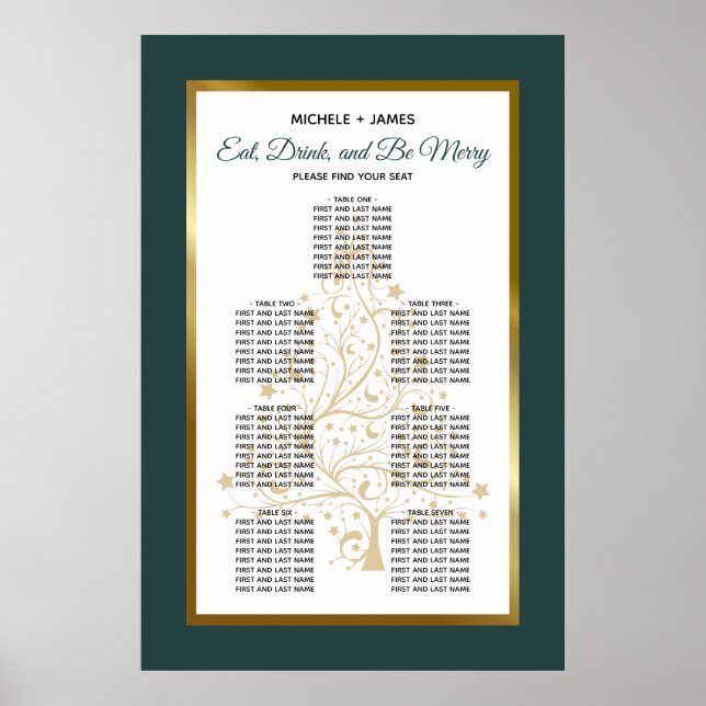 Gold Emerald Winter Wedding Seating Chart (Front)