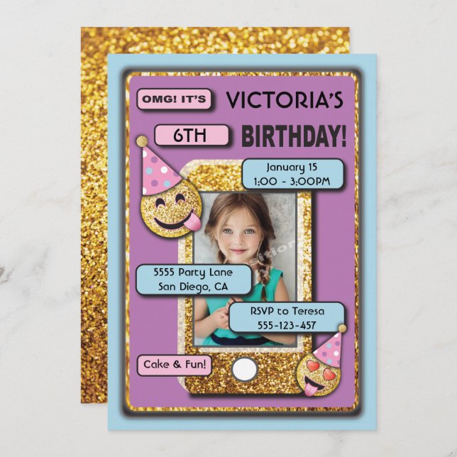 Gold Emoji Birthday Party Cell Phone Photo text Invitation (Front/Back)