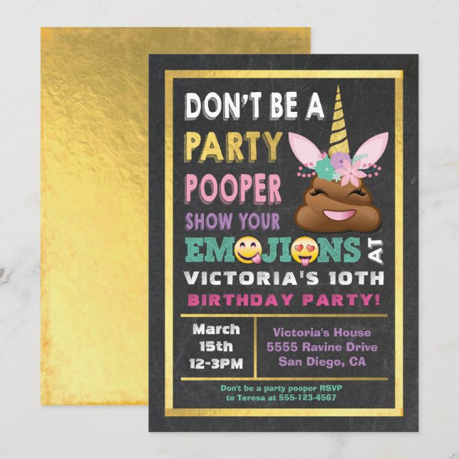 Gold Emoji Party Pooper Unicorn Birthay Invitation (Front/Back)