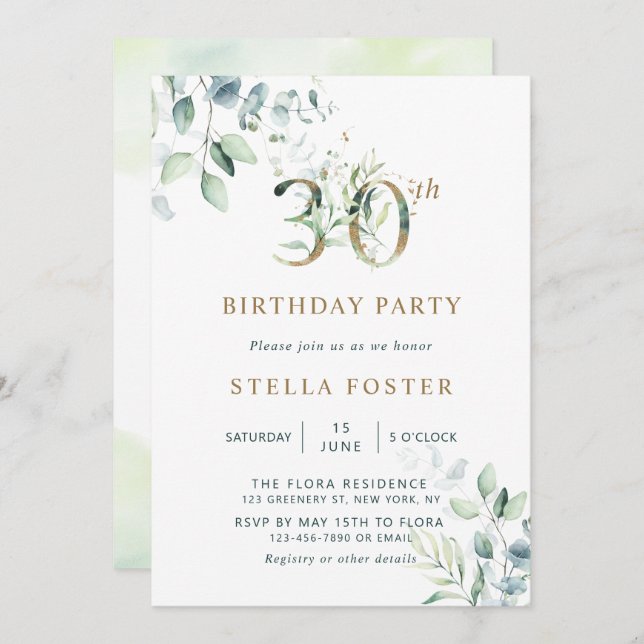 Gold Eucalyptus Botanical 30th Birthday Party Invitation (Front/Back)