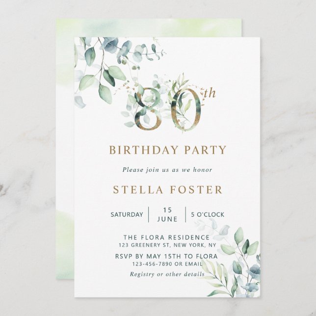 Gold Eucalyptus Botanical 80th Birthday Party Invitation (Front/Back)