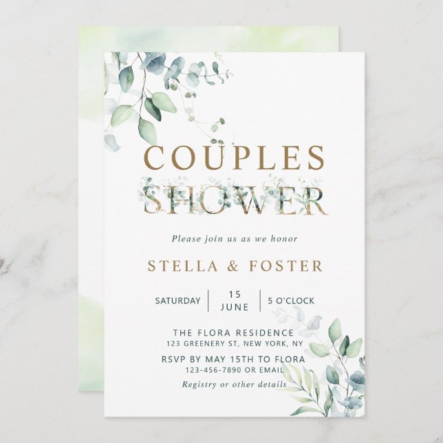 Gold Eucalyptus Botanical Letter Couples Shower Invitation (Front/Back)