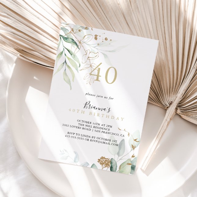 Gold Eucalyptus Calligraphy 40th Birthday Party  Invitation (Creator Uploaded)