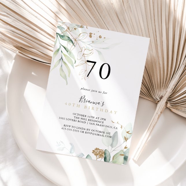 Gold Eucalyptus Calligraphy 70th Birthday Party  Invitation (Creator Uploaded)