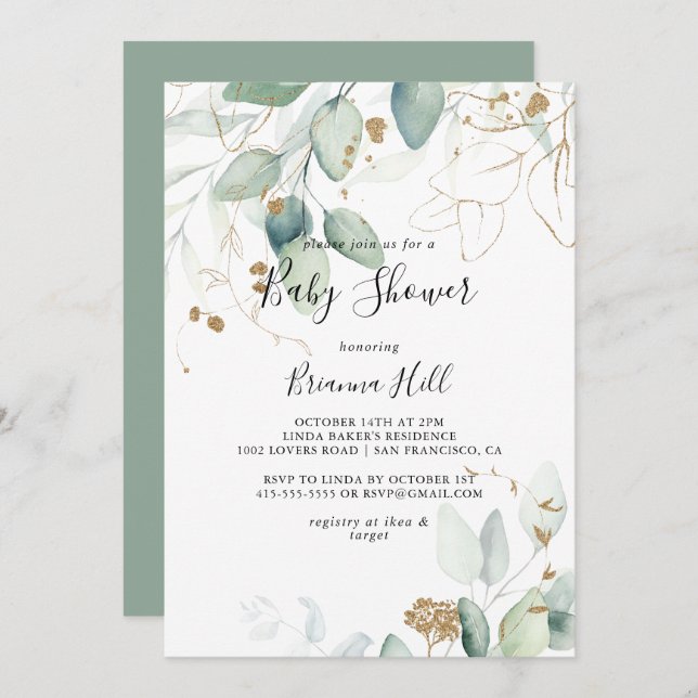 Gold Eucalyptus Calligraphy Baby Shower  Invitation (Front/Back)