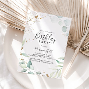 Gold Eucalyptus Calligraphy Birthday Party  Invitation