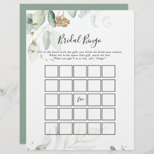 Gold Eucalyptus Calligraphy Bridal Bingo Game