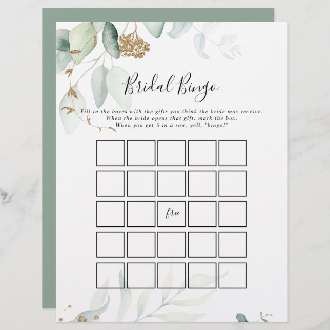Gold Eucalyptus Calligraphy Bridal Bingo Game (Front/Back)