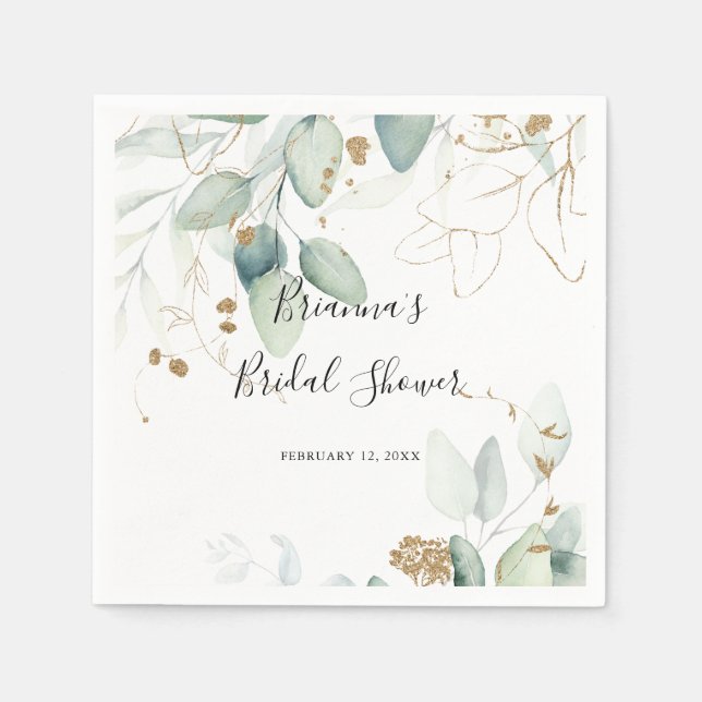 Gold Eucalyptus Calligraphy Bridal Shower Napkins (Front)