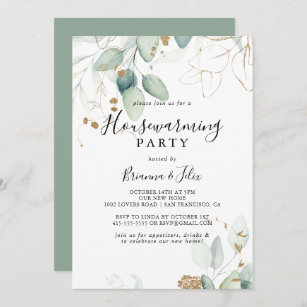 Gold Eucalyptus Calligraphy Housewarming Party Invitation