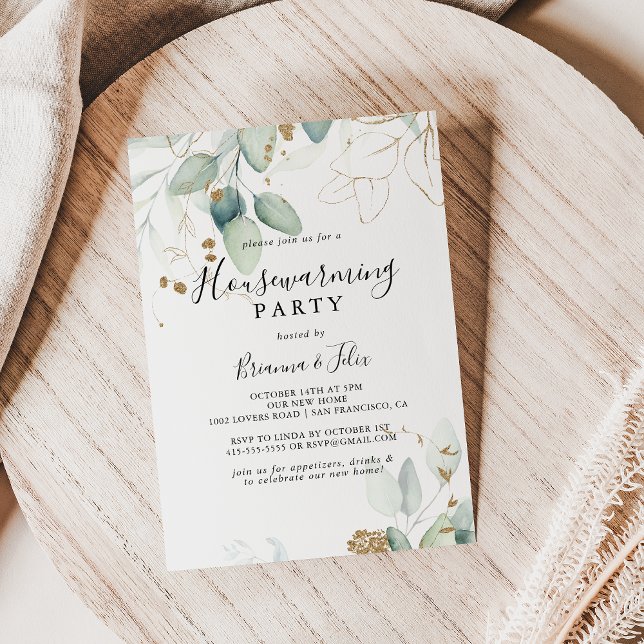 Gold Eucalyptus Calligraphy Housewarming Party Invitation (Creator Uploaded)