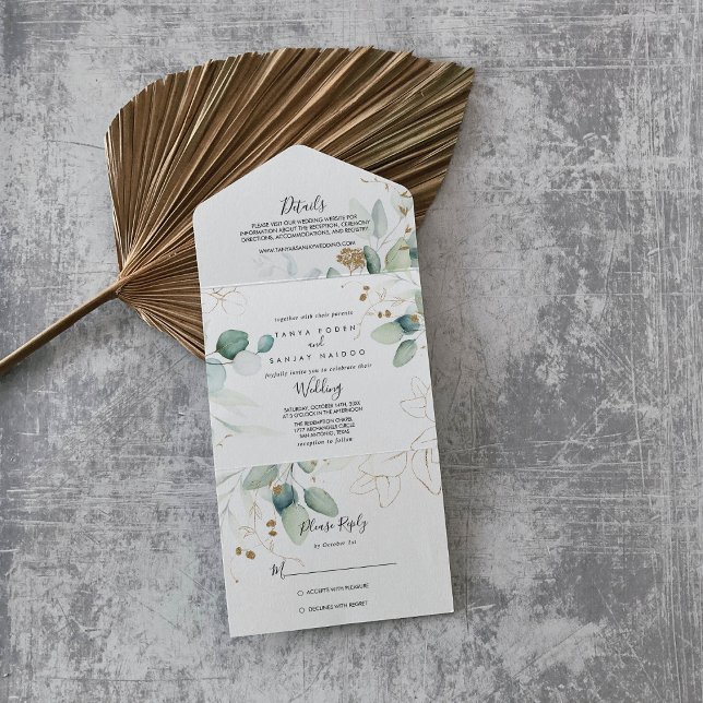 Gold Eucalyptus Calligraphy Wedding   All In One Invitation (Creator Uploaded)