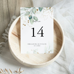 Gold Eucalyptus Calligraphy Wedding Table Number