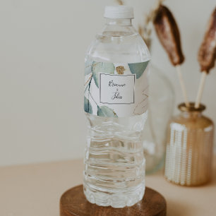 Gold Eucalyptus Calligraphy Wedding  Water Bottle Label