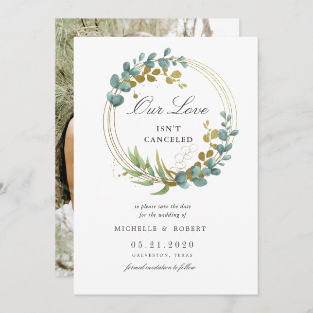 gold eucalyptus greenery Photo Save The Date  Invitation (Front/Back)